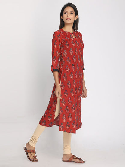 Nakshi 100% Cotton Ajrakh Printed Maroon Long Kurti