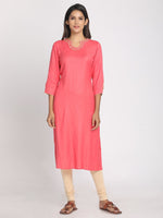Load image into Gallery viewer, Cotton Viscose Hand Embroidred Slited Sleeves Solid Peach Long Kurta
