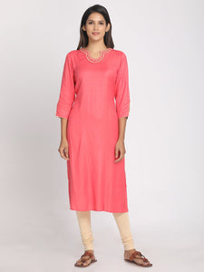 Cotton Viscose Hand Embroidred Slited Sleeves Solid Peach Long Kurta