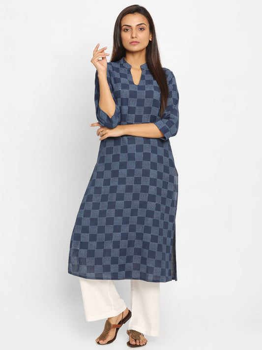 Nakshi Cotton Hand Block Printed Navy Blue Long Kurti