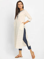 Load image into Gallery viewer, Cream-Coloured &amp; Navy Blue Checked Straight Kurta
