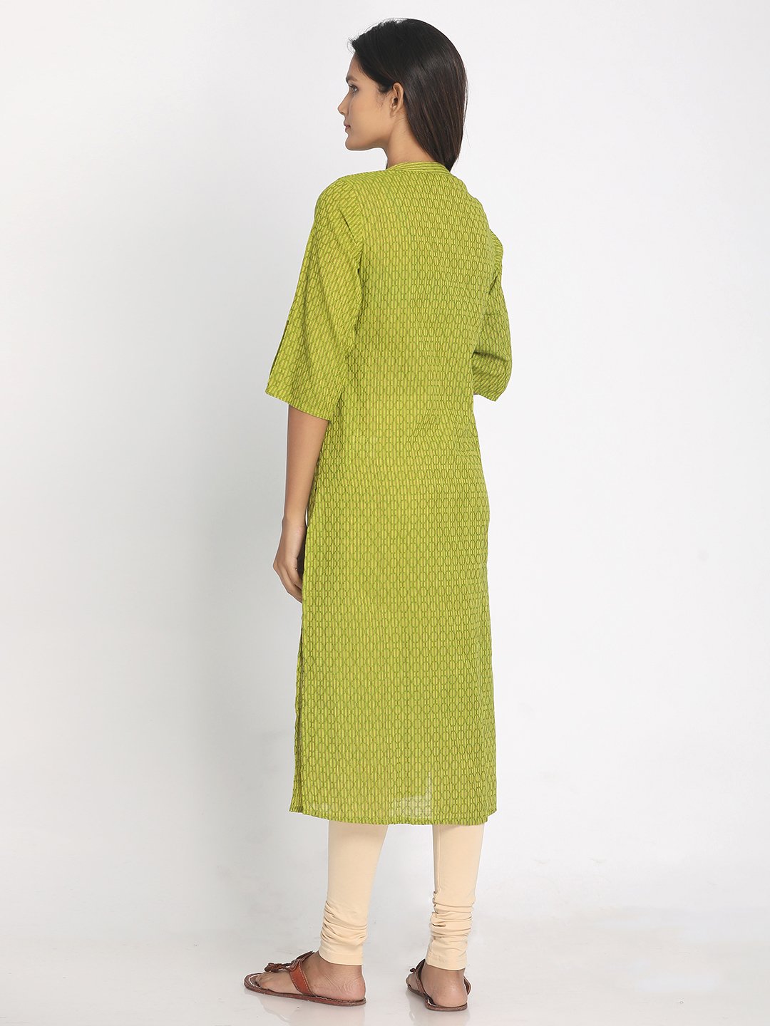 100% Cotton Green Self Design Slited Sleeves Long Kurta