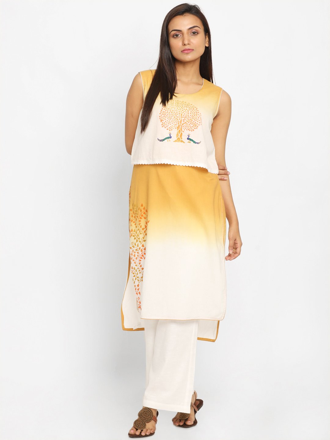 Nakshi Mustard Yellow & White Colour Blocked Straight Kurti