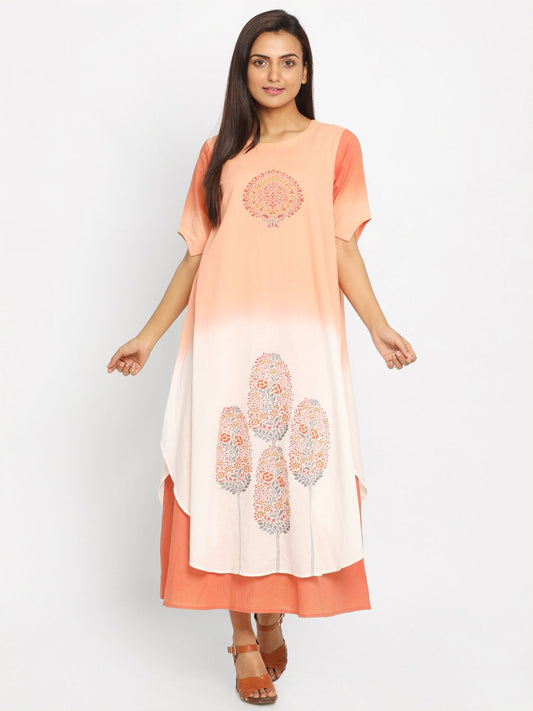Nakshi Peach-Coloured Printed A-Line Kurti