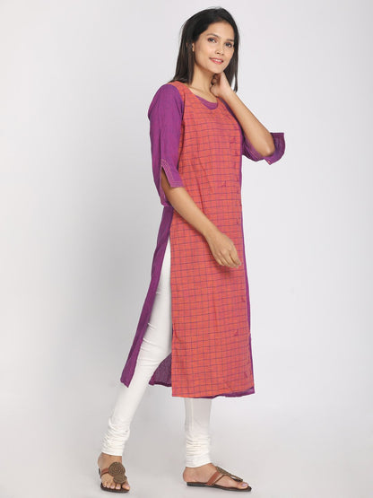 Nakshi 100% Cotton Purple And Orange Colour Blocked Long kurti