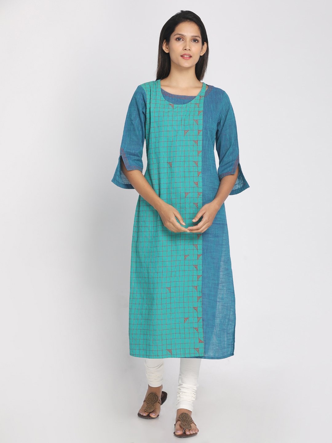 Nakshi 100% Cotton Teal and Blue Colour Blocked Long kurti