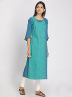 Load image into Gallery viewer, 100% Cotton Teal and Blue Colour Blocked Long kurta
