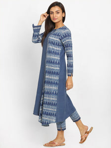 Block Printed and Embroidered Assymetrical Navy Blue Kurta