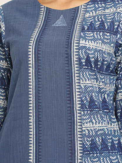 Nakshi Cotton Hand Block Printed & Embroidered Assymetrical Navy Blue Kurti