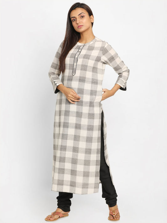 Nakshi Grey & Off-White Checked Straight Kurti