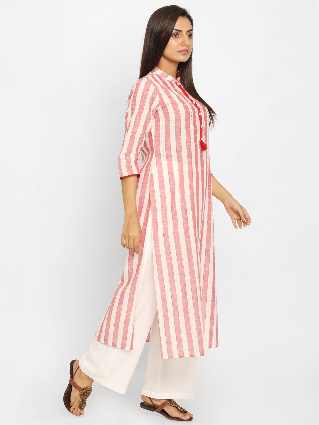 Nakshi Red & White Striped Straight Kurti