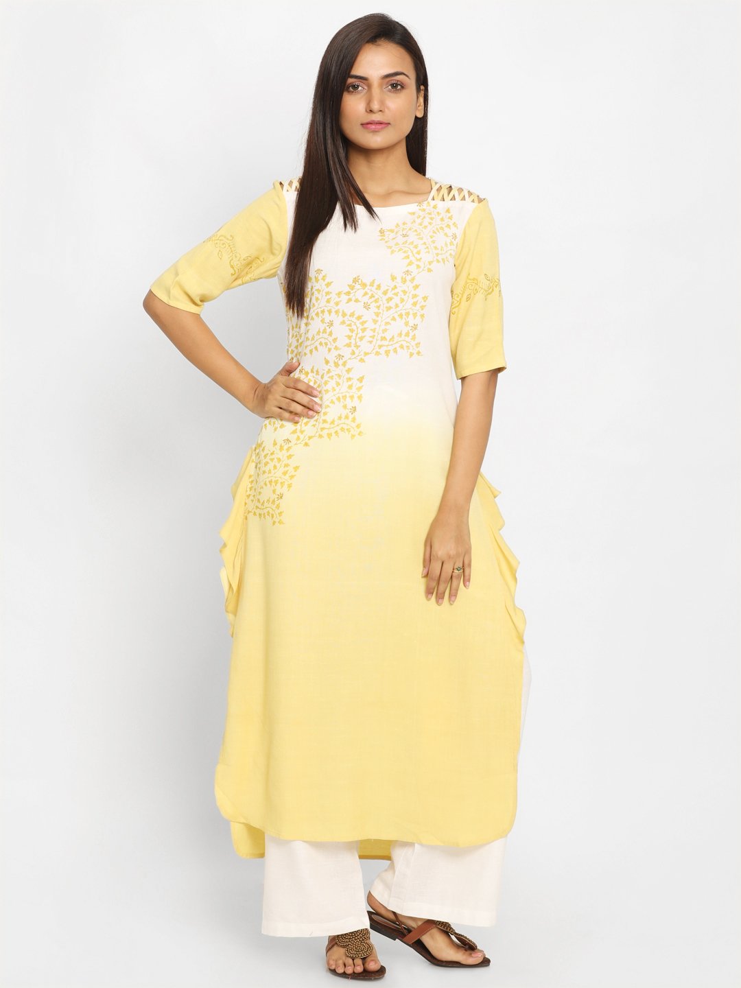 Nakshi Yellow & White Printed Straight Kurti