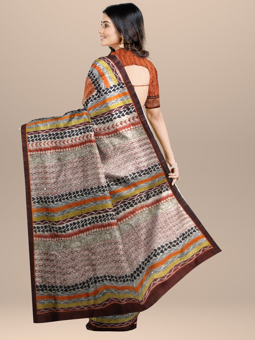 Burnt Orange Geometric Printed Tussar-Silk Saree With Zari Embroidery & Dabka Work