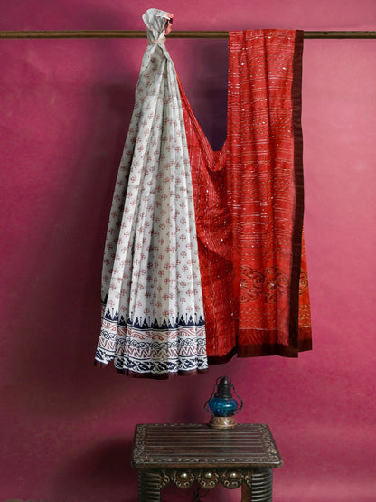 Nakshi Off-White And Crimson Red Hand Printed Tussar Silk Saree With Zari Embroidery And Dabka Work