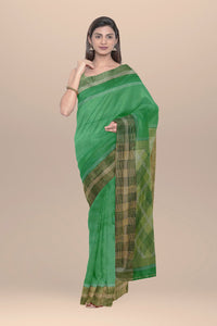 Green handwoven hand block printed cotton saree
