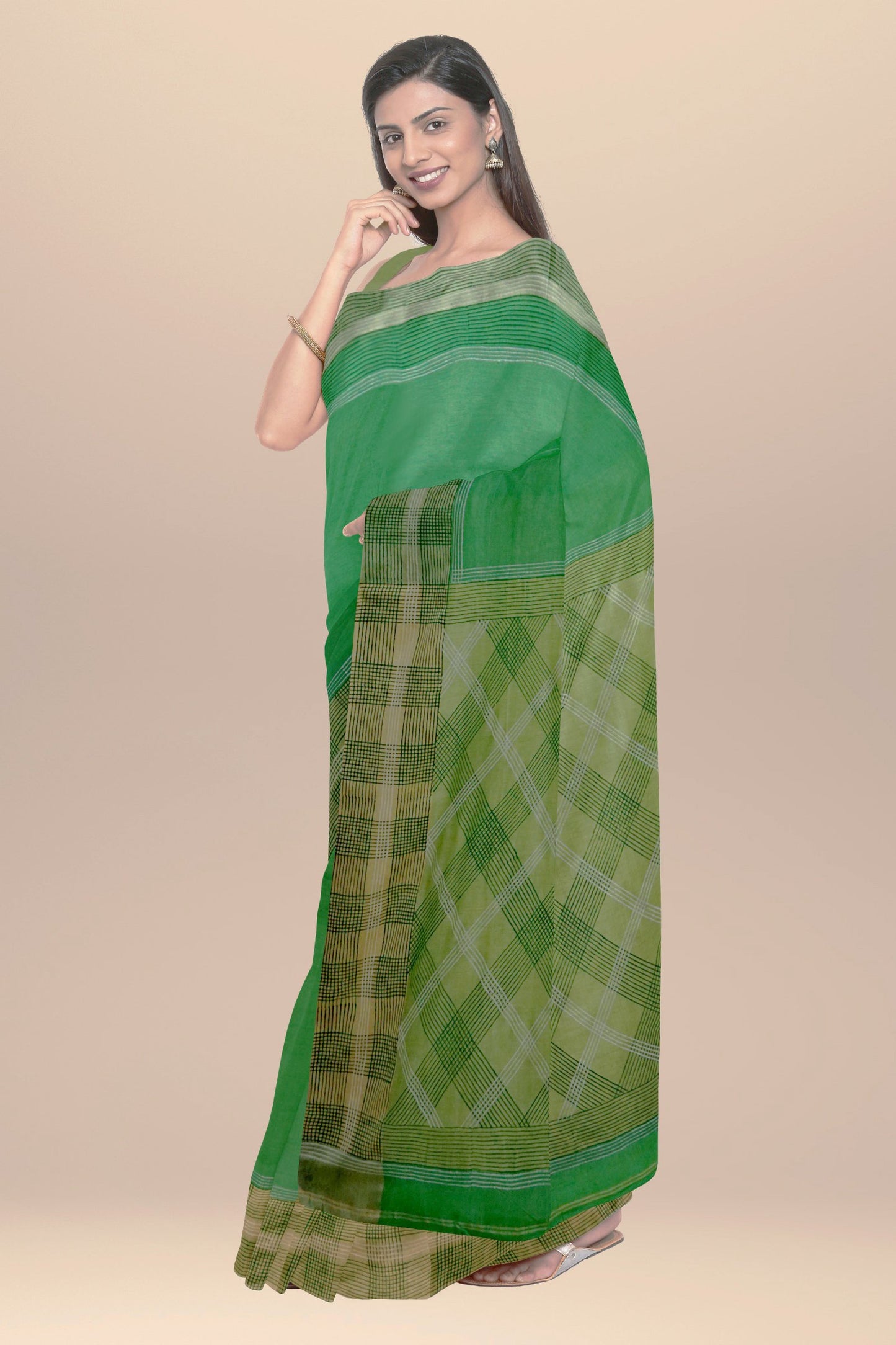 Nakshi Green Hand Woven Hand Block Printed Cotton Saree