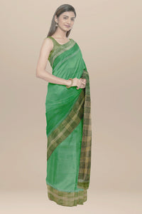 Green handwoven hand block printed cotton saree