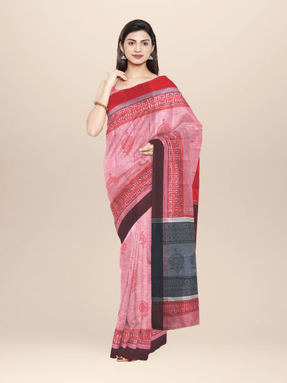 Nakshi Red Cotton Hand Woven & Hand Block Printed Saree