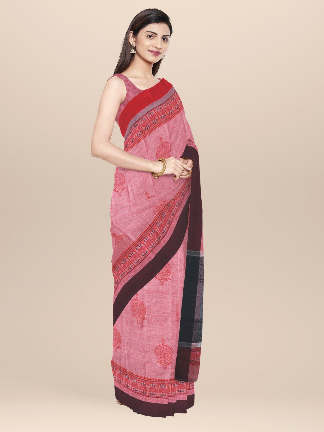 Nakshi Red Cotton Hand Woven & Hand Block Printed Saree