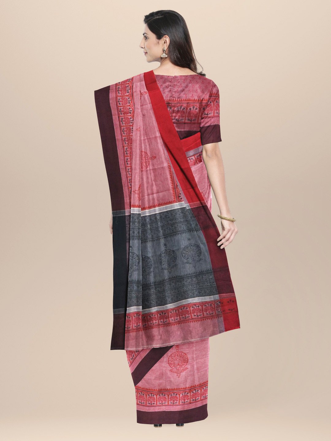 Nakshi Red Cotton Hand Woven & Hand Block Printed Saree