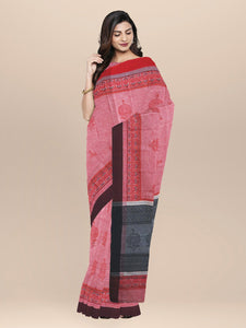 Nakshi Red Cotton Hand Woven & Hand Block Printed Saree