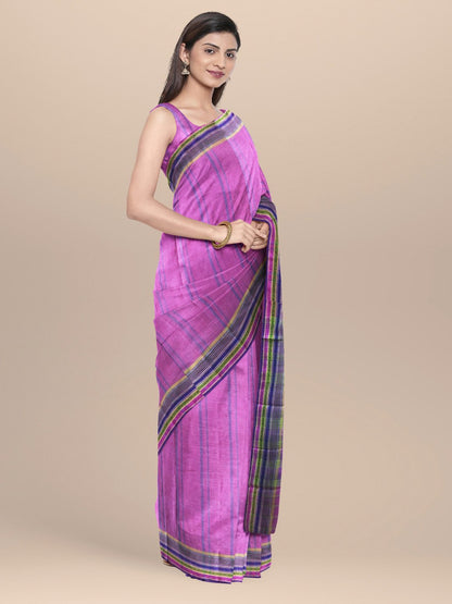 Nakshi Pure Handwoven Self Striped Saree With Geometric Boarder