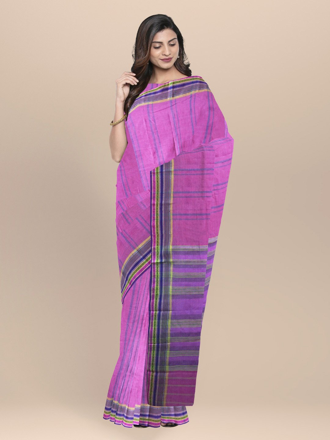 Nakshi Pure Handwoven Self Striped Saree With Geometric Boarder