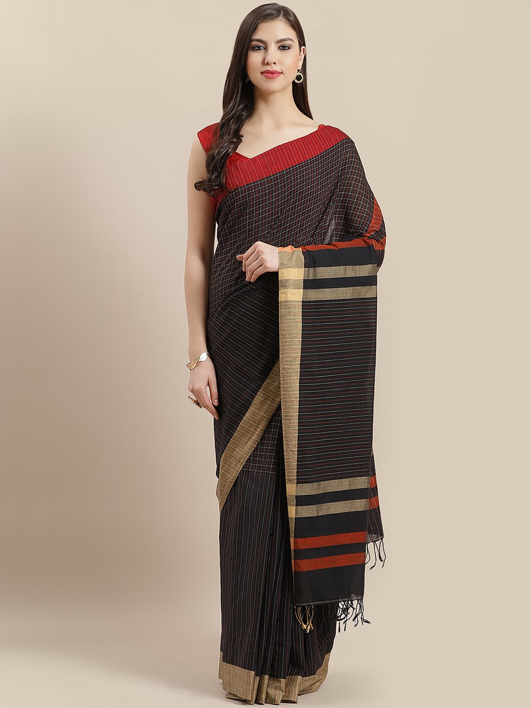 Nakshi Black Hand Woven Cotton Checked Jamdani Saree