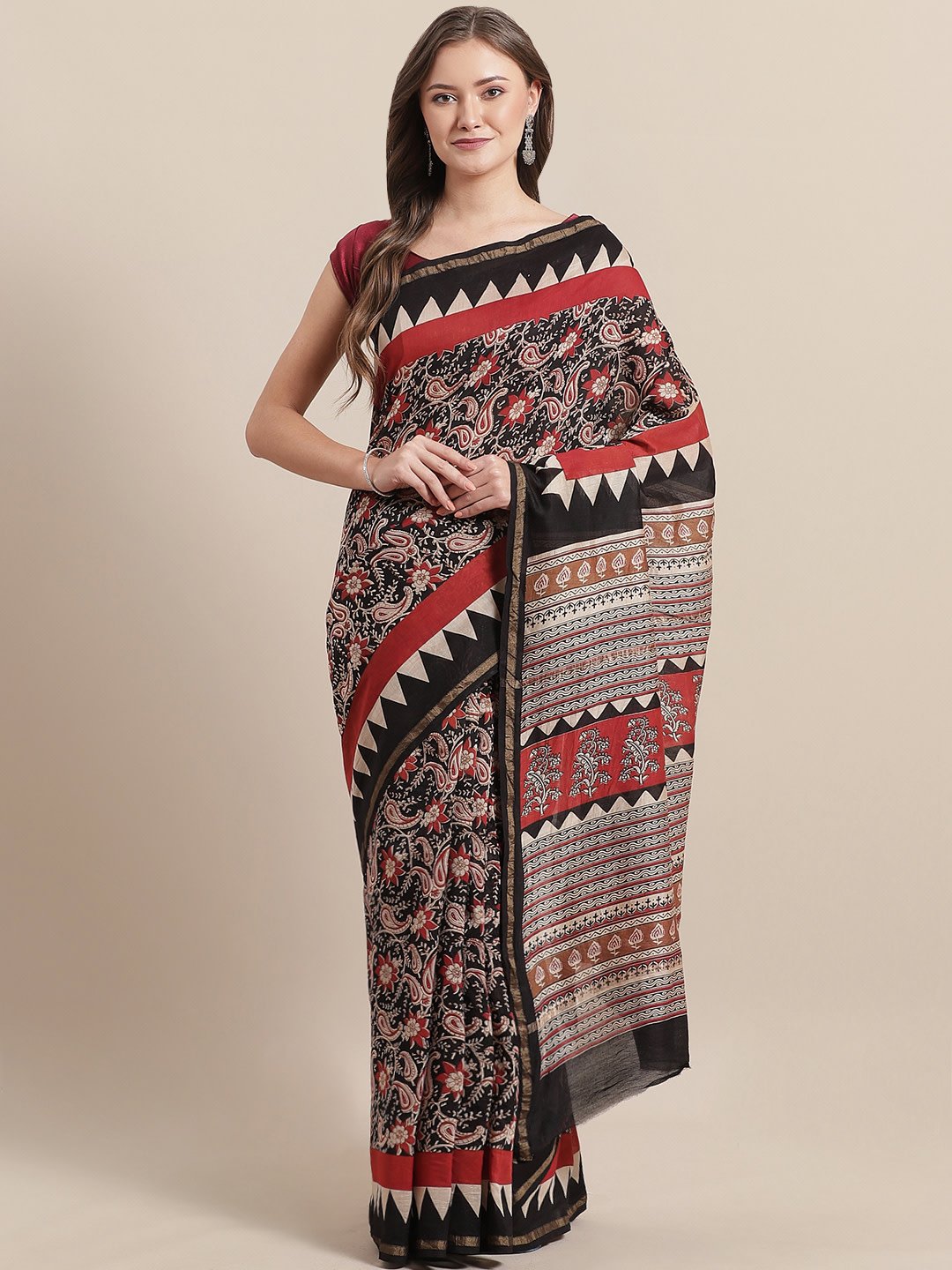 Nakshi Black Beige Printed Chanderi Cotton Silk Saree