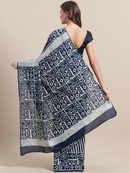 Nakshi Navy Blue & White Striped Block Printed Cotton Saree