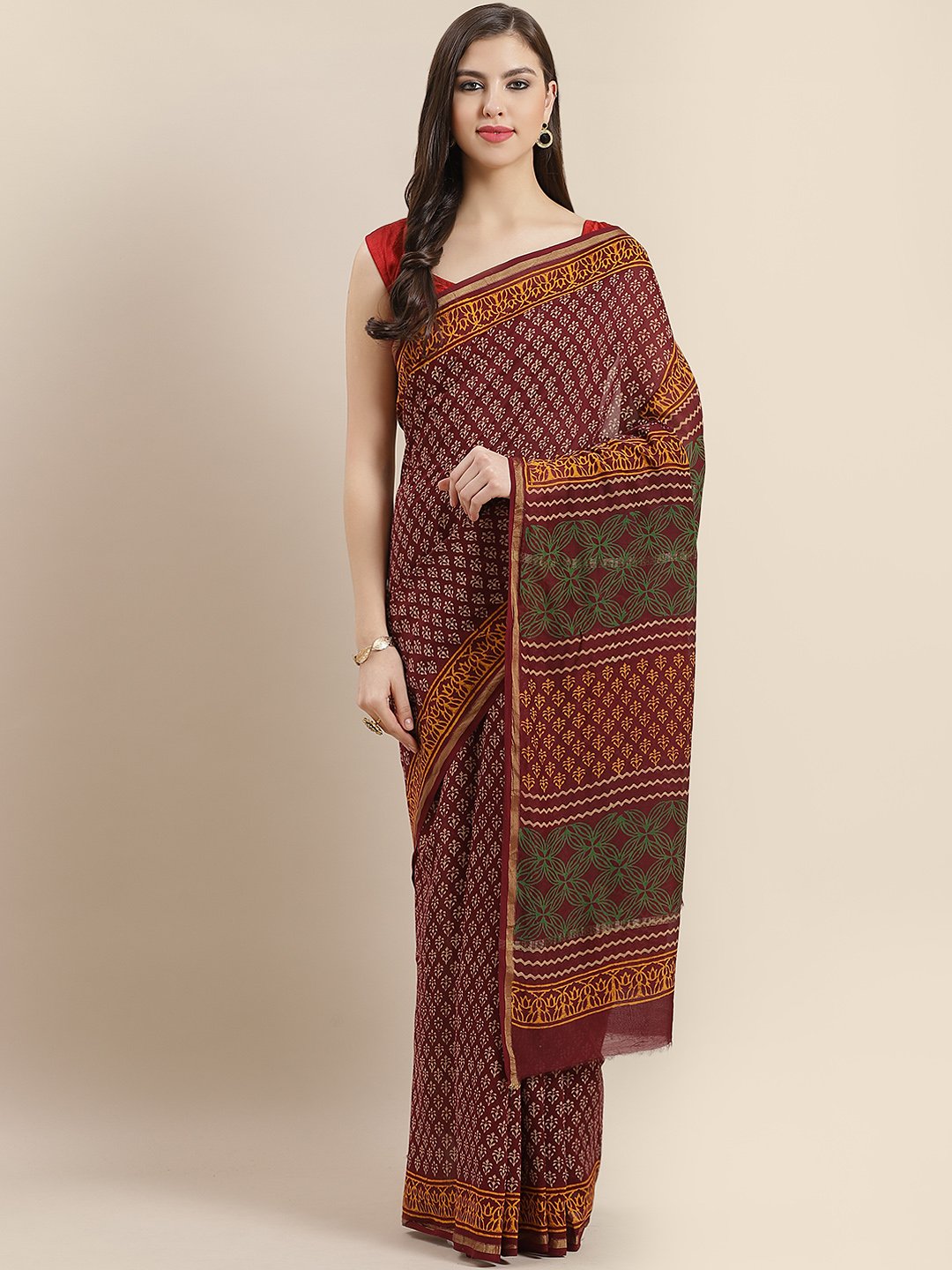 Nakshi Maroon Handblock Printed Chanderi Saree