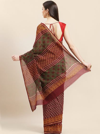 Nakshi Maroon Handblock Printed Chanderi Saree