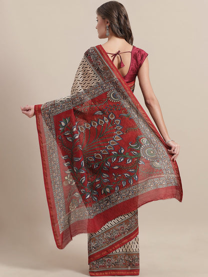 Nakshi Beige Rust Printed Chanderi Cotton Silk Saree