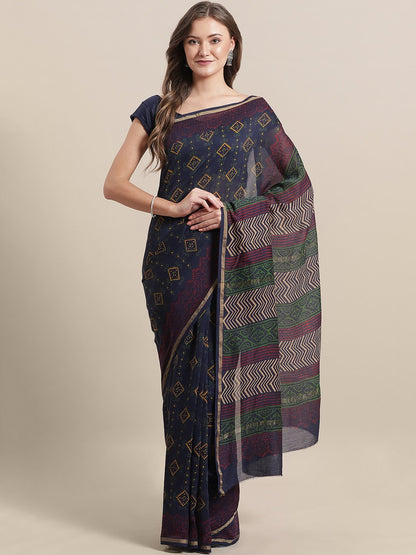 Nakshi Multi Colour Printed Chanderi Cotton Silk Saree