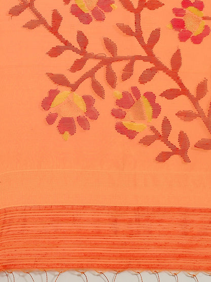 Nakshi Orange Woven Design Pure Cotton Handloom Saree With Sequins Detail