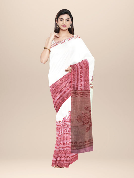 Nakshi Off White Maroon Cotton Hand Woven And Hand Block Printed Saree