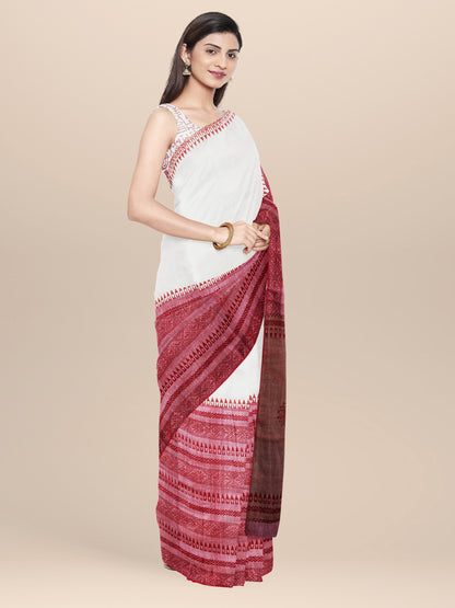 Nakshi Off White Maroon Cotton Hand Woven And Hand Block Printed Saree