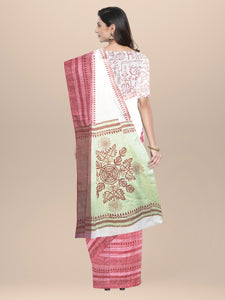 Off White maroon Cotton Handwoven and Hand Block Printed Saree