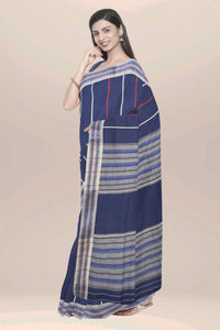 Navy blue dhonekhali handwoven cotton saree