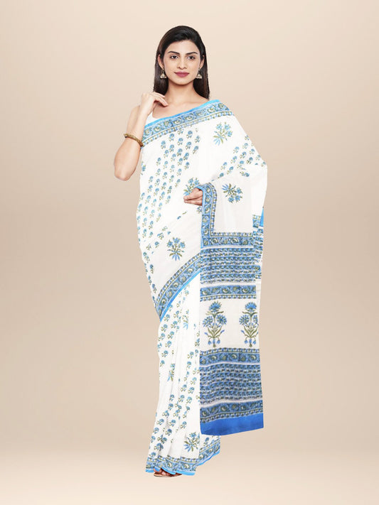 Nakshi White And Blue Cotton Sangenari Hand Block Printed Saree