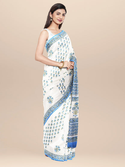 Nakshi White And Blue Cotton Sangenari Hand Block Printed Saree