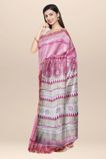 Nakshi Pink And White Chanderi Cotton Silk Saree With Hand Block Print