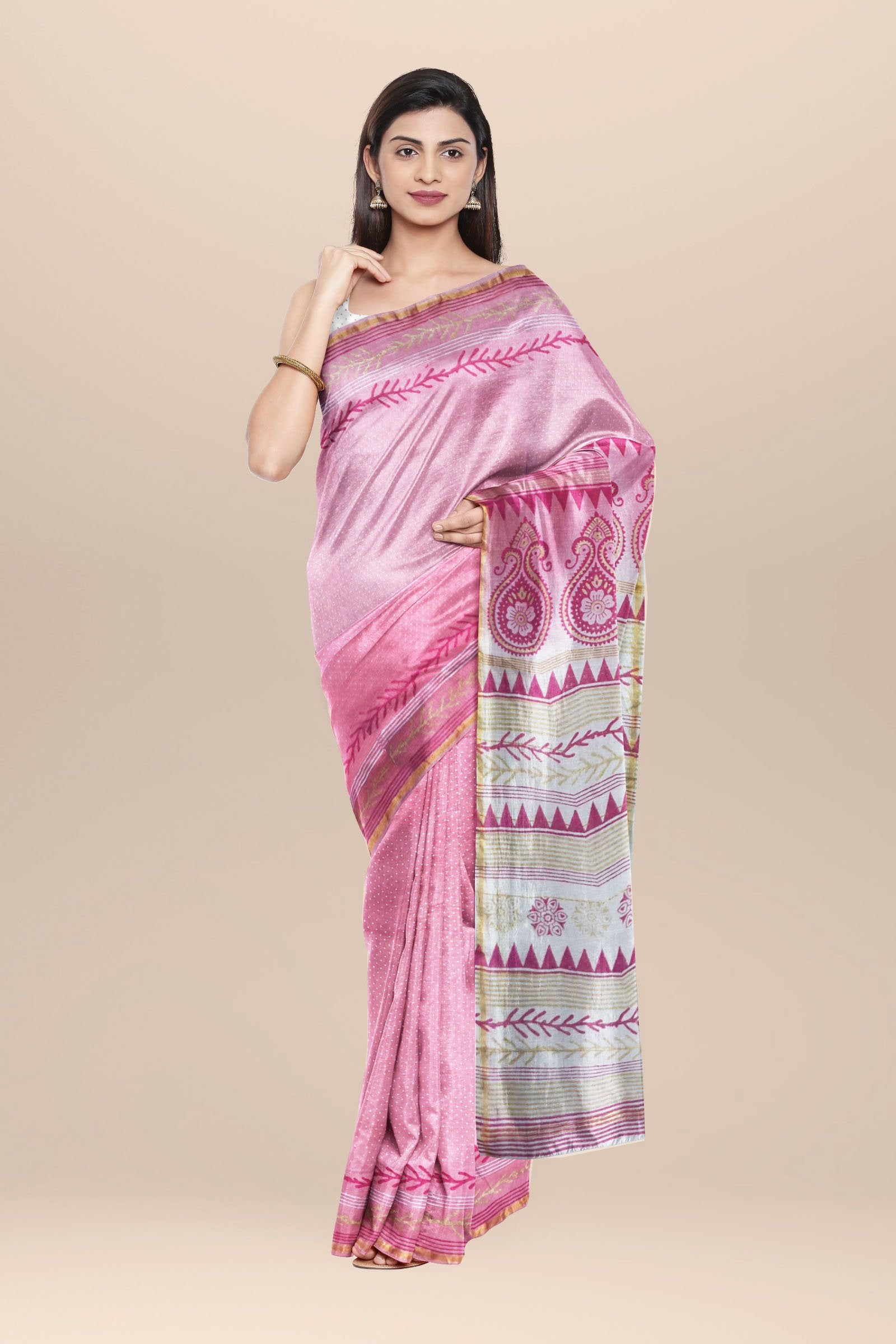 Pink and white Chanderi cotton silk Saree with Hand Block Print