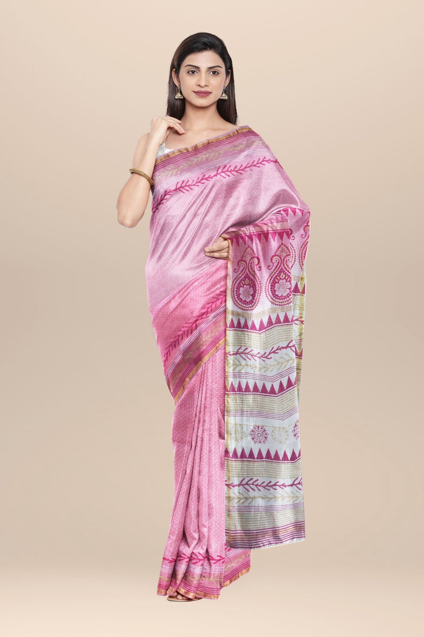 Nakshi Pink And White Chanderi Cotton Silk Saree With Hand Block Print