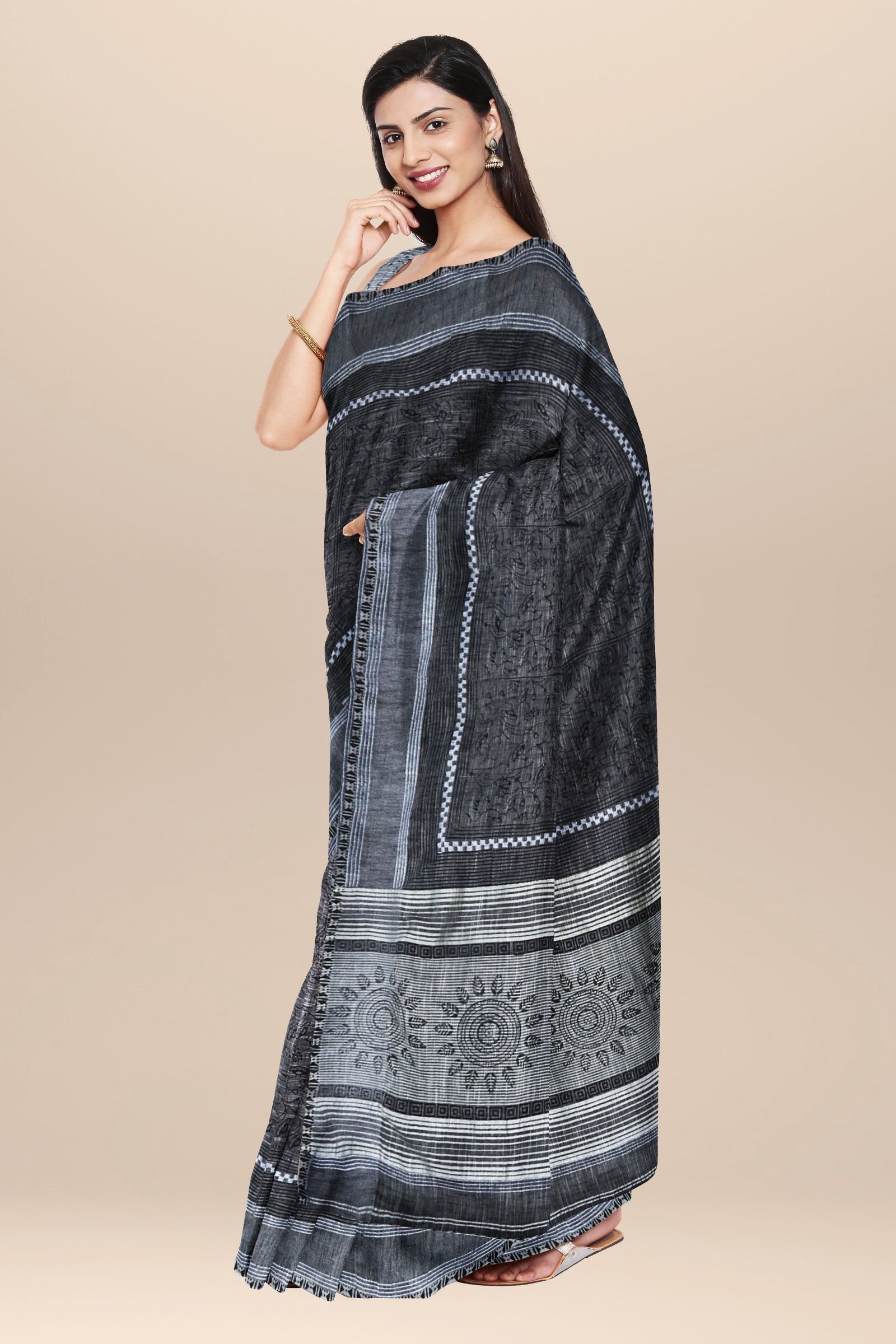 Black handwoven cotton Saree with Hand Block Print