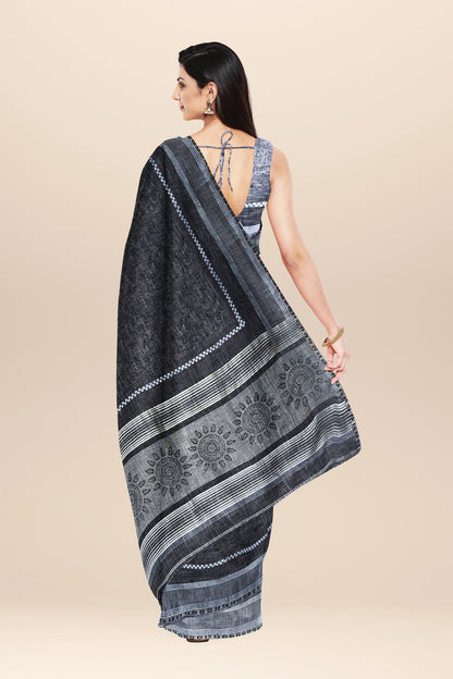 Nakshi Black Hand Woven Cotton Saree With Hand Block Print