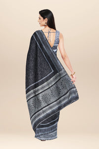 Black handwoven cotton Saree with Hand Block Print