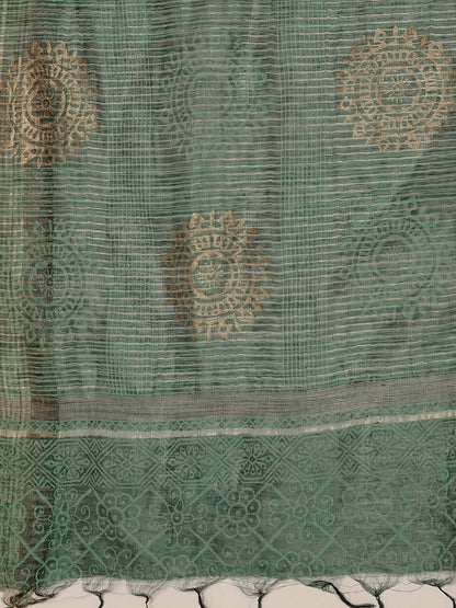 Nakshi Green Turquoise Block Printed Linen Saree