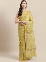 Load image into Gallery viewer, Yellow golden handwoven linen handblock printed saree
