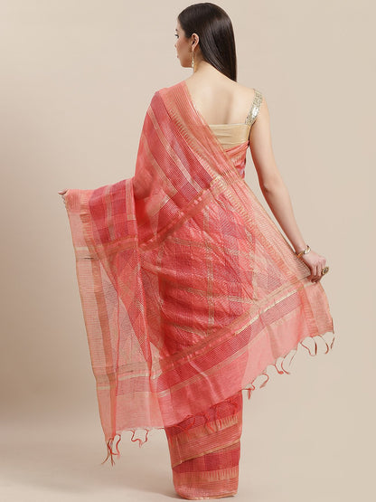 Nakshi Peach Gold Block Printed Linen Saree